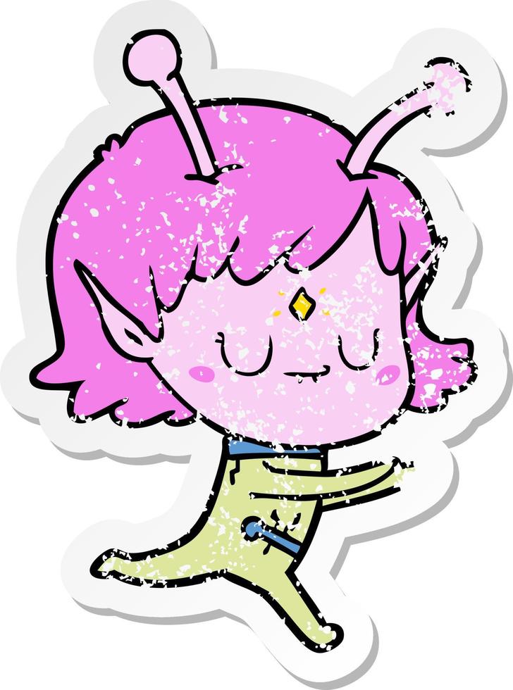 distressed sticker of a cartoon alien girl vector