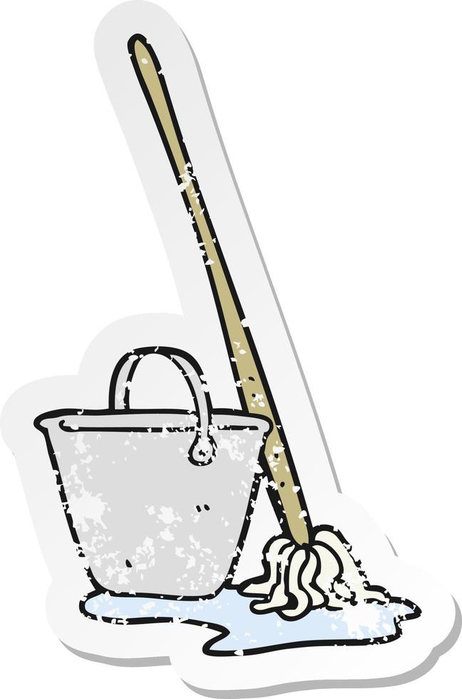 retro distressed sticker of a cartoon mop and bucket vector