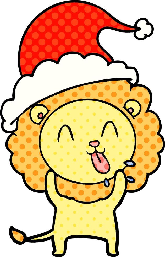 feliz ilustración de estilo cómic de un león con sombrero de santa vector