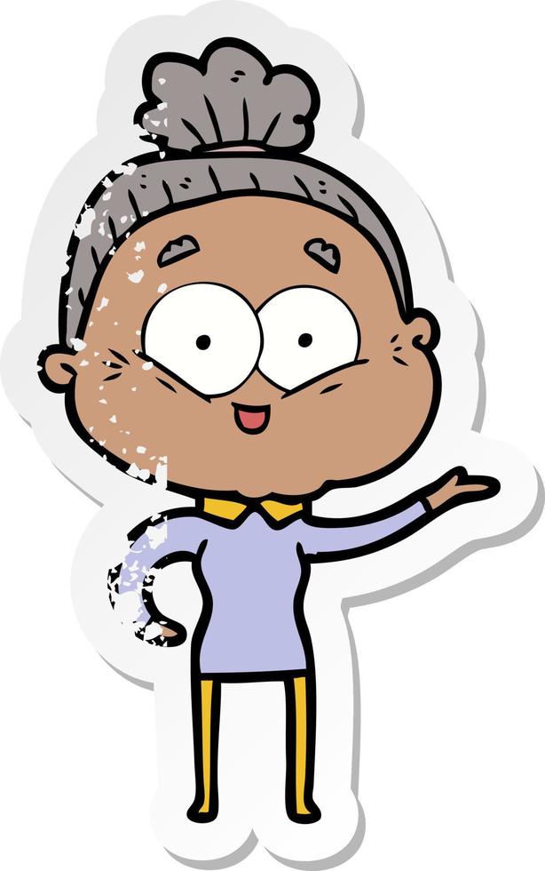 distressed sticker of a cartoon happy old woman vector