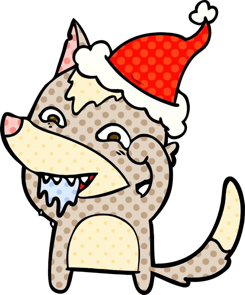 comic book style illustration of a hungry wolf wearing santa hat vector