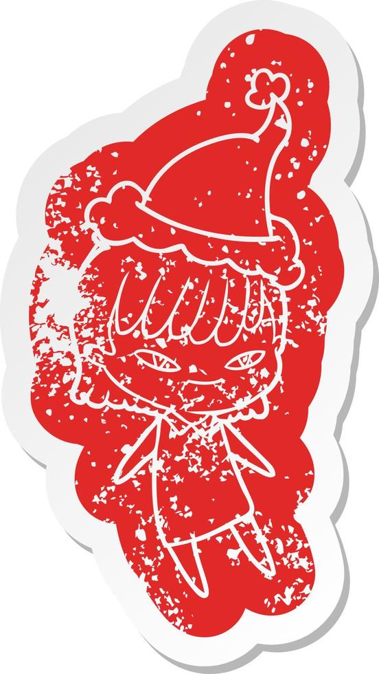 cartoon distressed sticker of a woman wearing santa hat vector