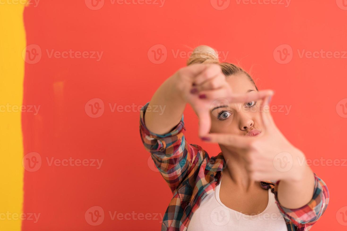 young woman over color background photo