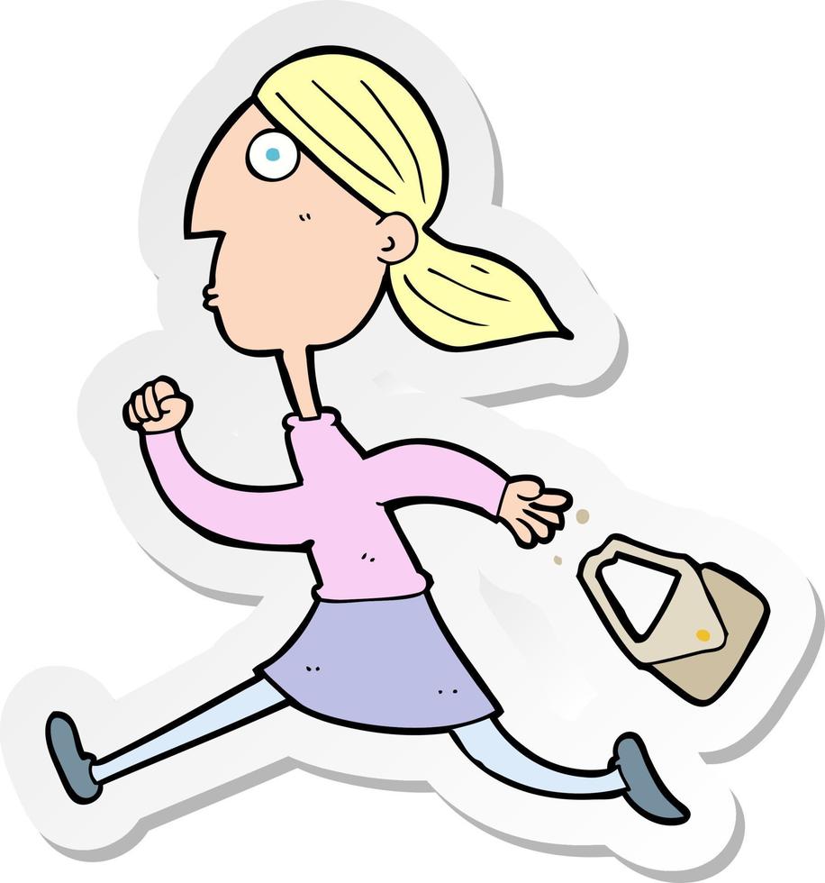 pegatina de una mujer corriendo caricatura estresada vector