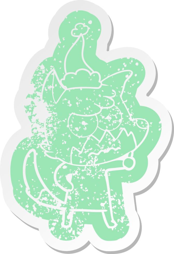 cartoon distressed sticker of a annoyed fox wearing santa hat vector
