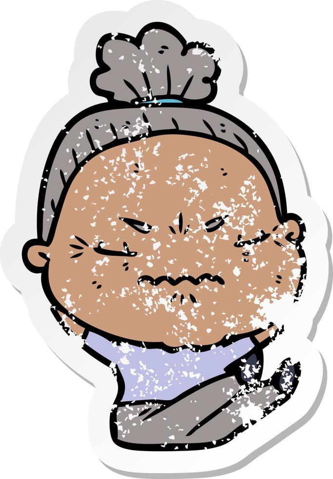 distressed sticker of a cartoon annoyed old lady vector