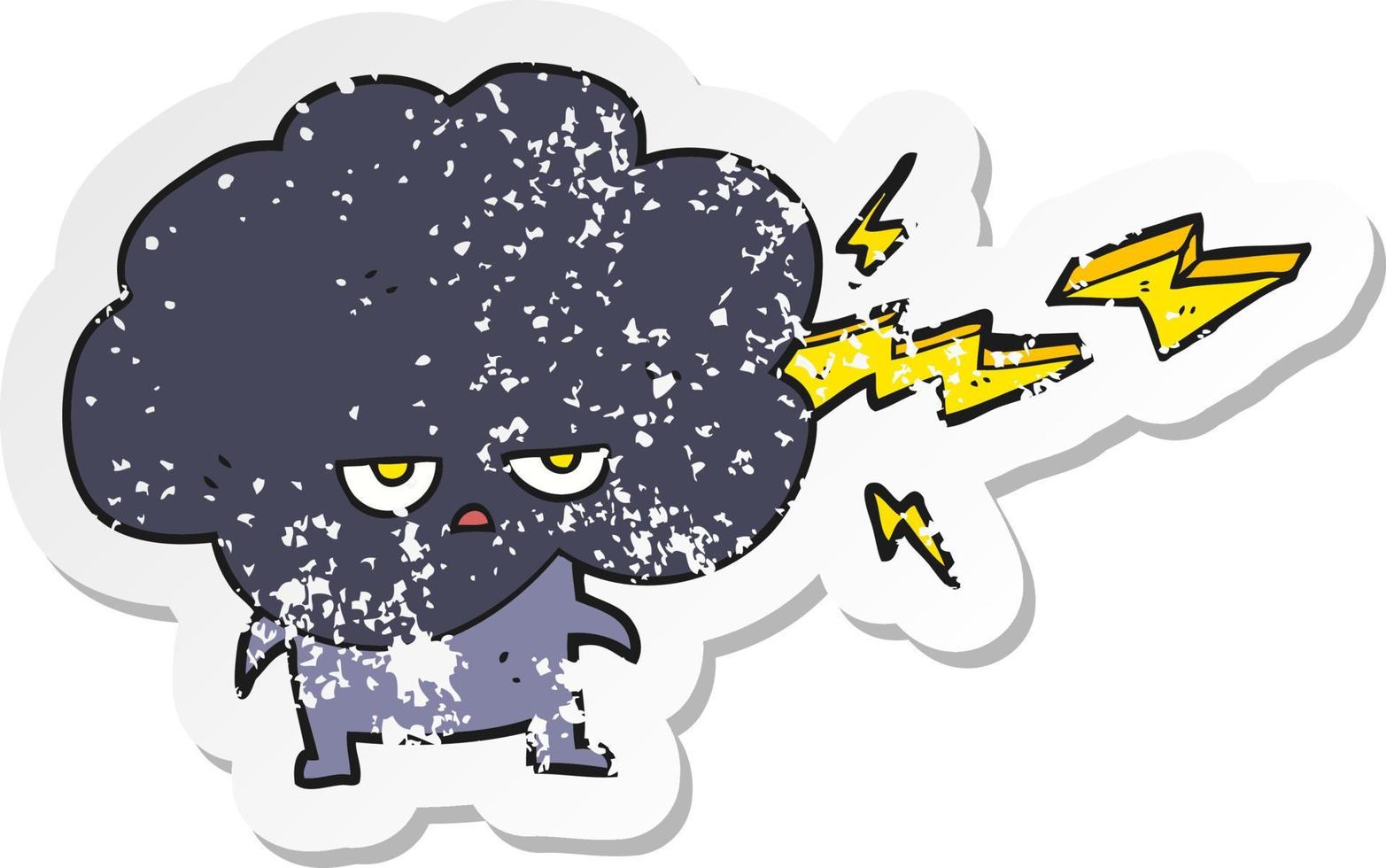 retro distressed sticker of a cartoon raincloud character shooting lightning vector