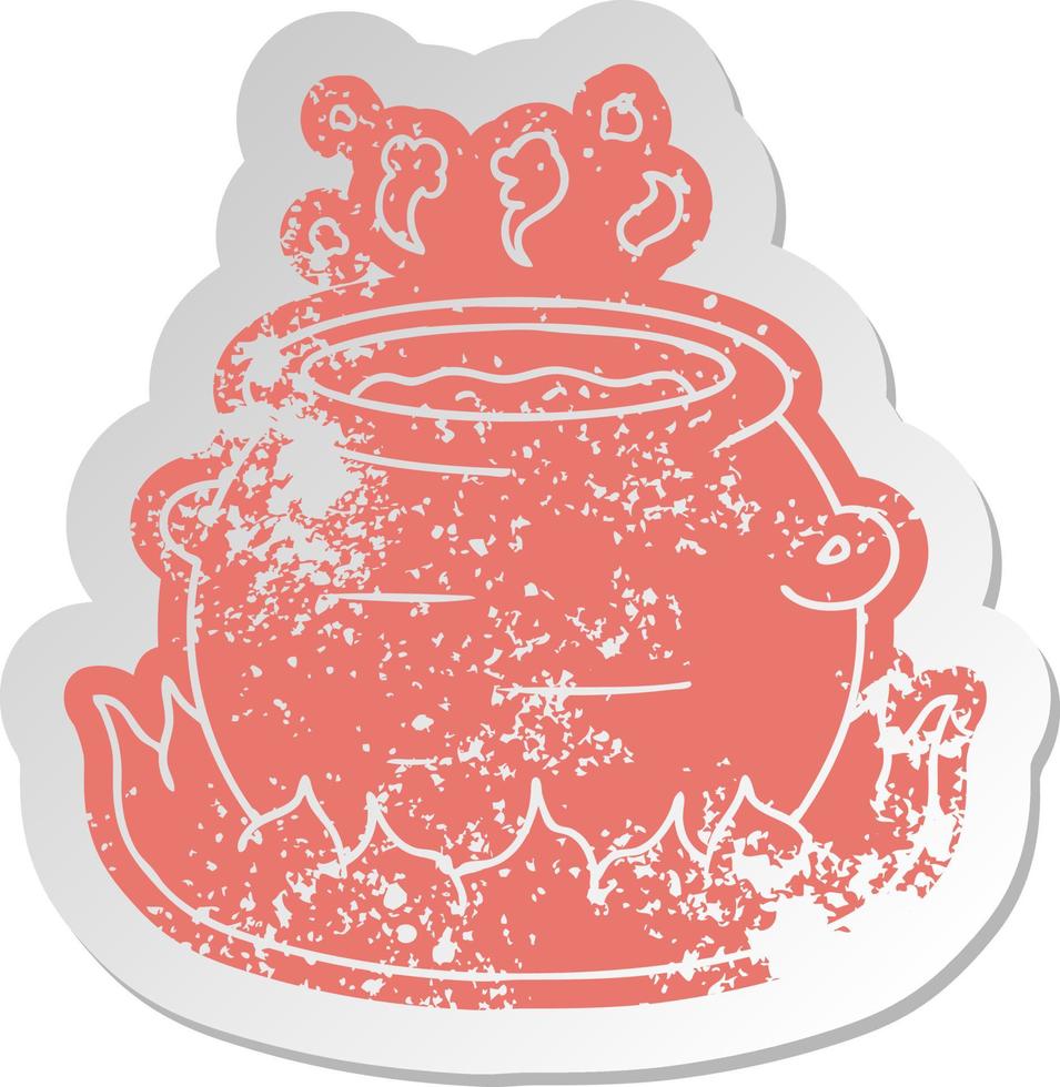 distressed old sticker of a pot of stew vector