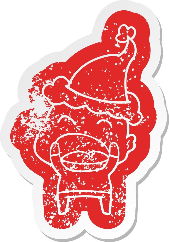 cartoon distressed sticker of a shouting bald man wearing santa hat vector