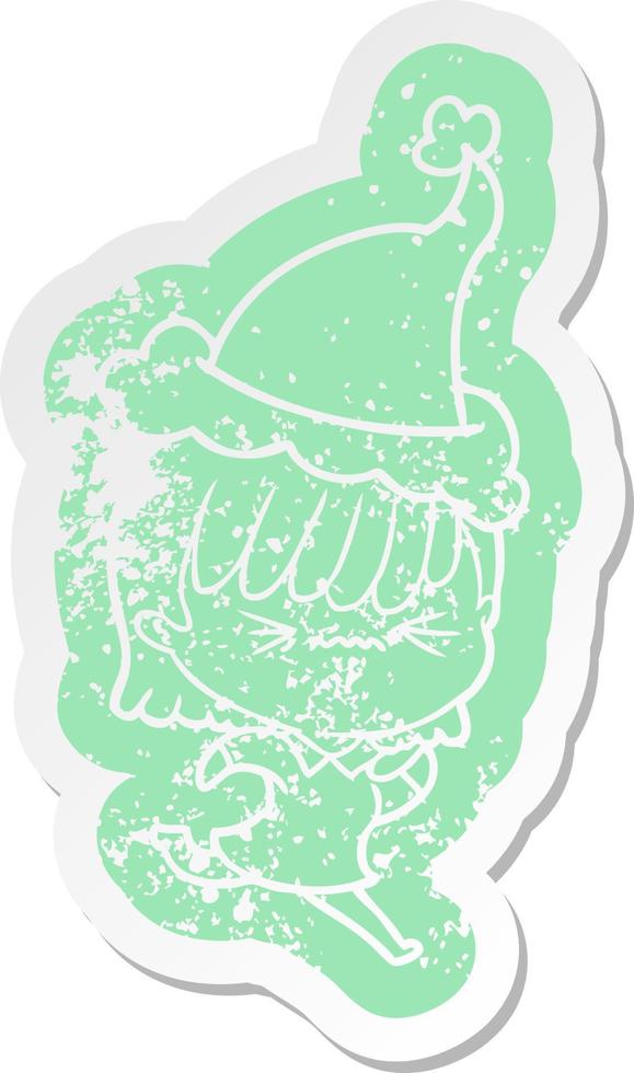 annoyed cartoon distressed sticker of a girl wearing santa hat vector