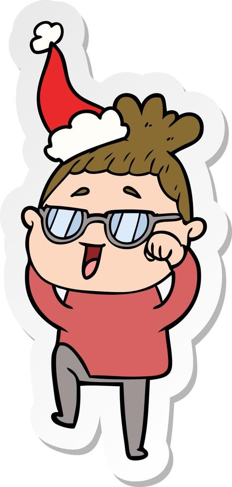 sticker cartoon of a happy woman wearing spectacles wearing santa hat vector