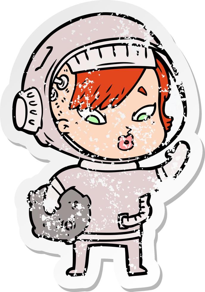distressed sticker of a cartoon astronaut woman vector
