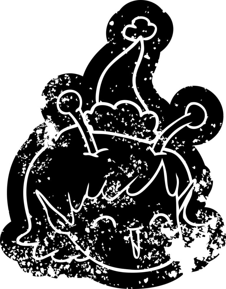 cartoon distressed icon of a alien space girl face wearing santa hat vector