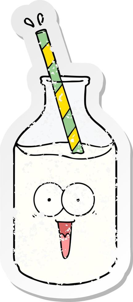 distressed sticker of a happy carton milk bottle with straw vector