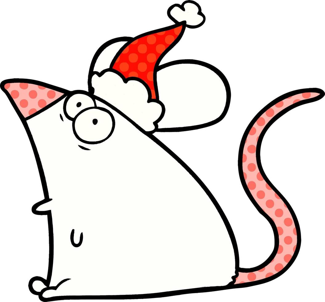 comic book style illustration of a frightened mouse wearing santa hat vector