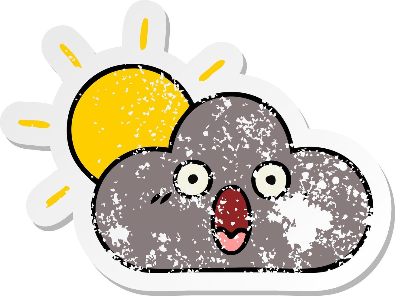 distressed sticker of a cute cartoon storm cloud and sun vector