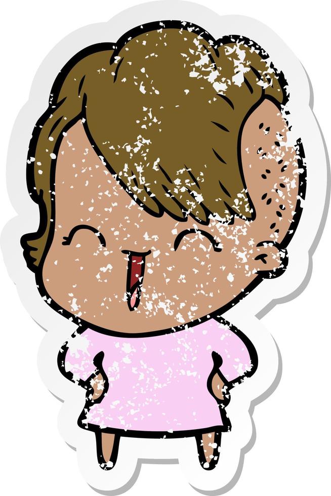 distressed sticker of a cartoon happy hipster girl vector