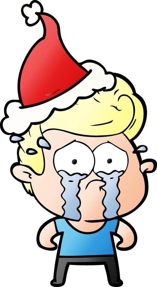 gradient cartoon of a crying man wearing santa hat vector
