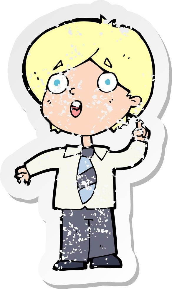 retro distressed sticker of a cartoon schoolboy answering question vector