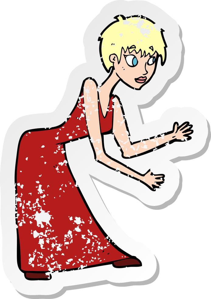 retro distressed sticker of a cartoon woman in dress gesturing vector