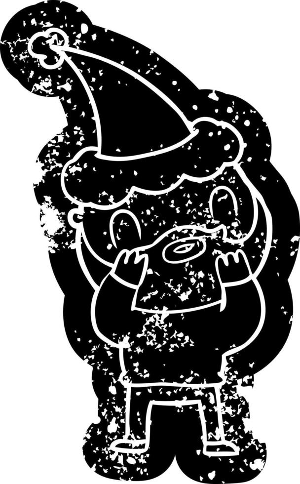 cartoon distressed icon of a bearded man wearing santa hat vector