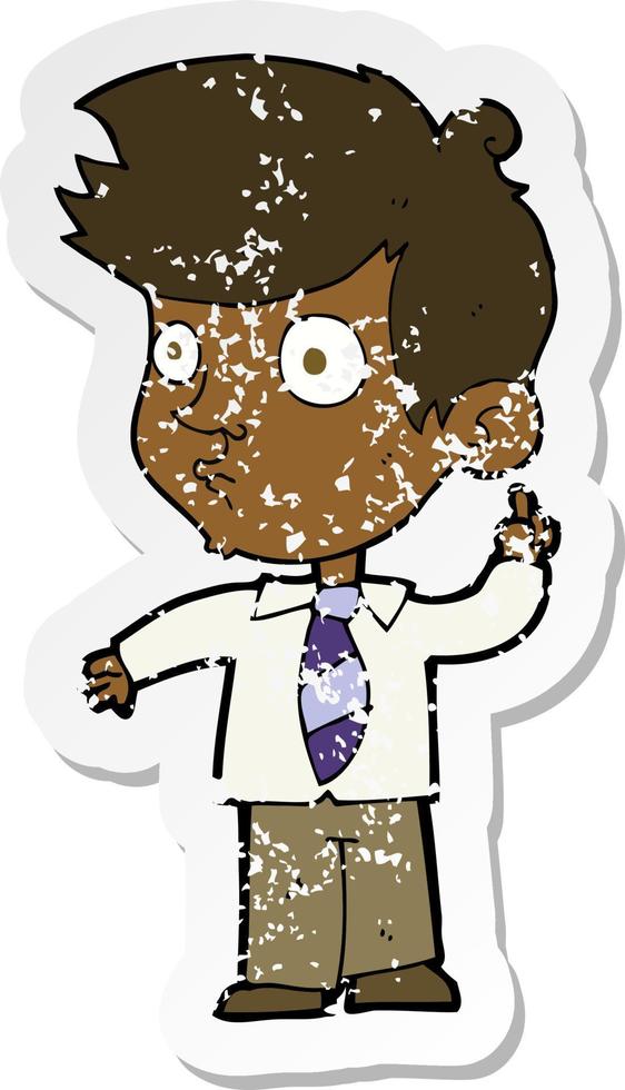 retro distressed sticker of a cartoon boy asking question vector