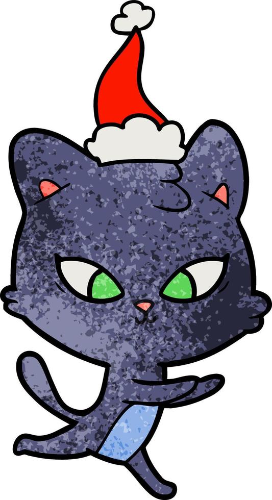 linda caricatura texturizada de un gato con sombrero de santa vector