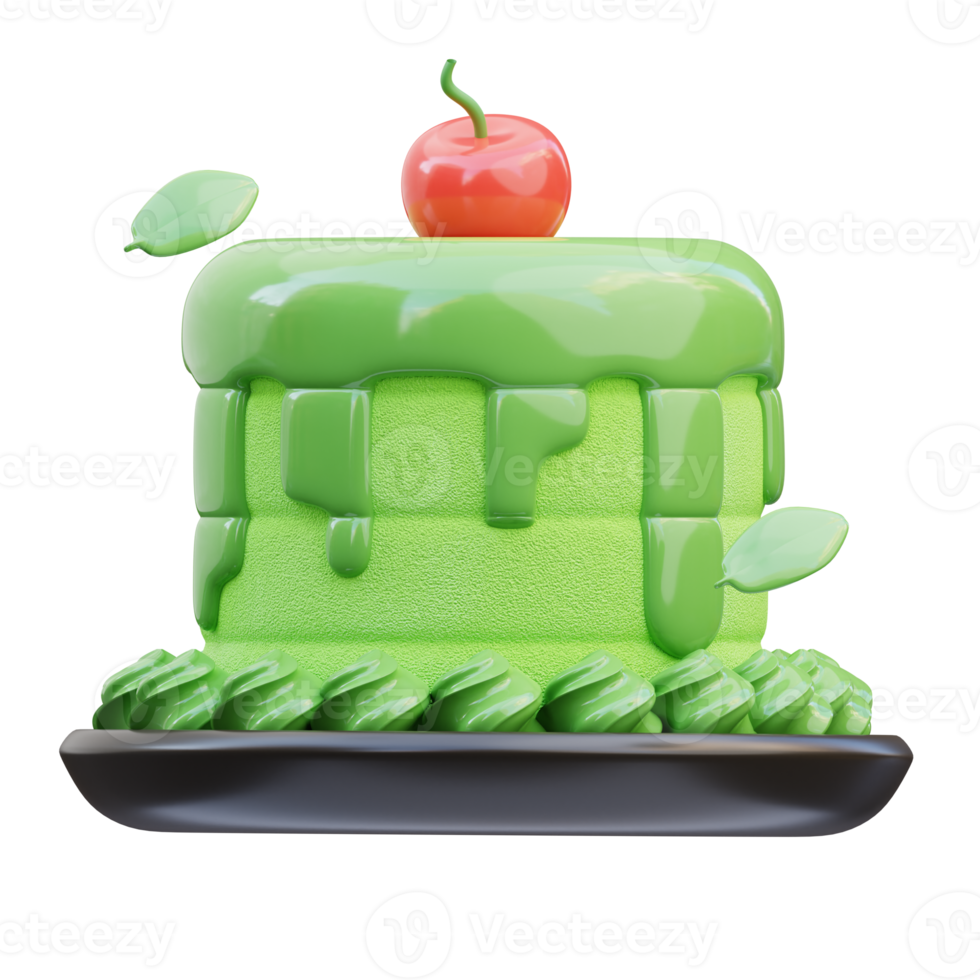 Matcha melted birthday cake 3d illustration, 3d render png