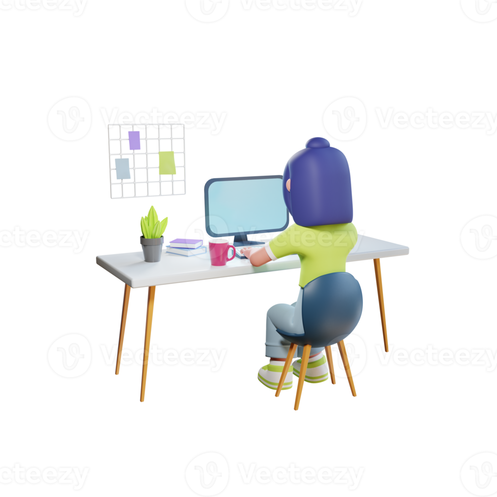 ein mädchen arbeitet vor einem computer hochwertige 3d-renderarbeit von zu hause aus illustration png