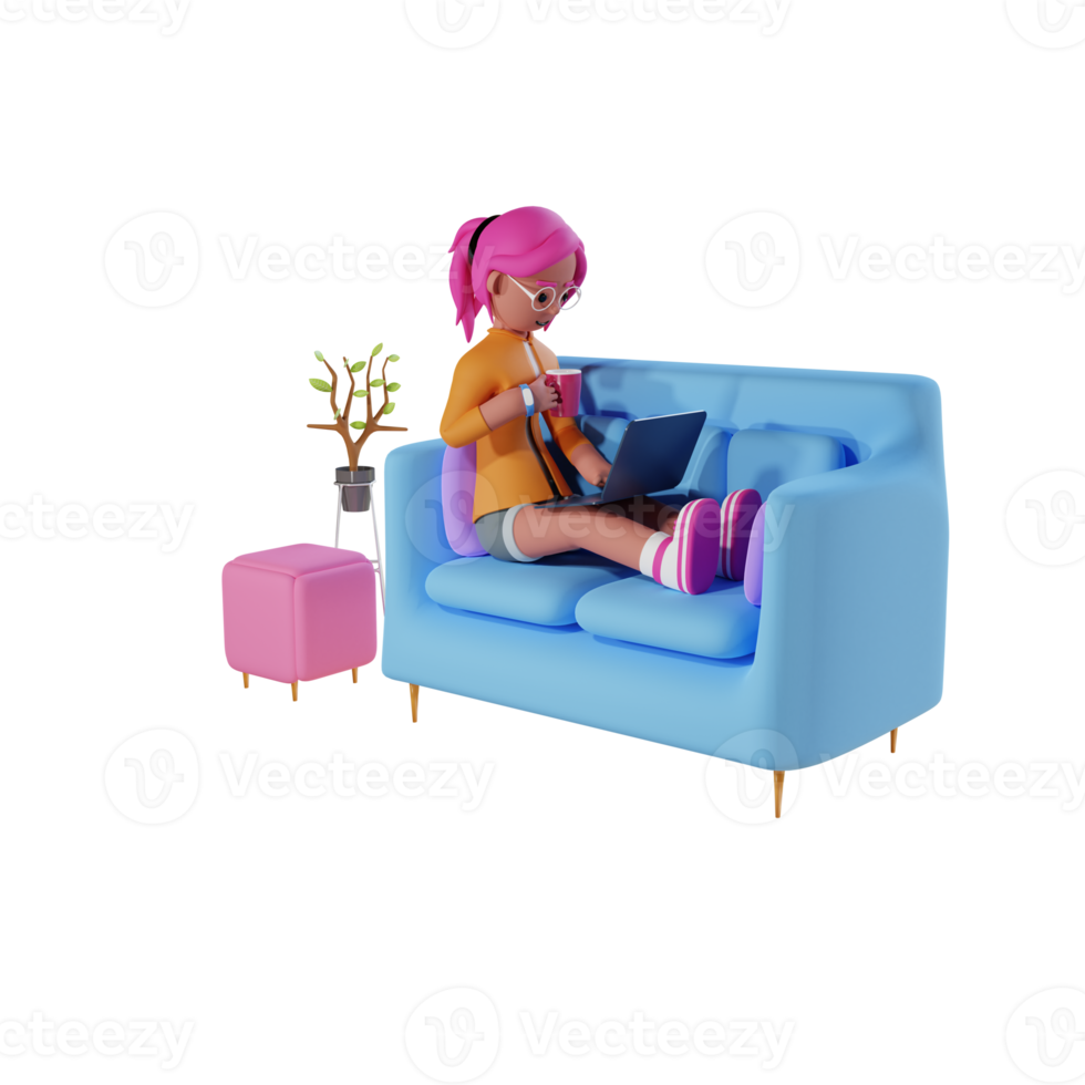 een meisje is werken met laptop Aan de sofa hoog kwaliteit 3d geven werk van huis illustratie png