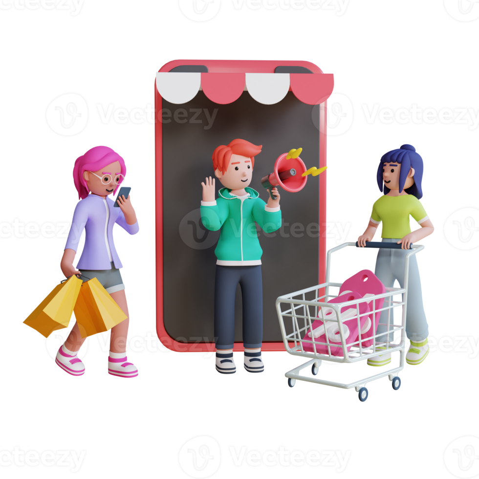 3d character modeling digital marketing mobile online shoping illustration png