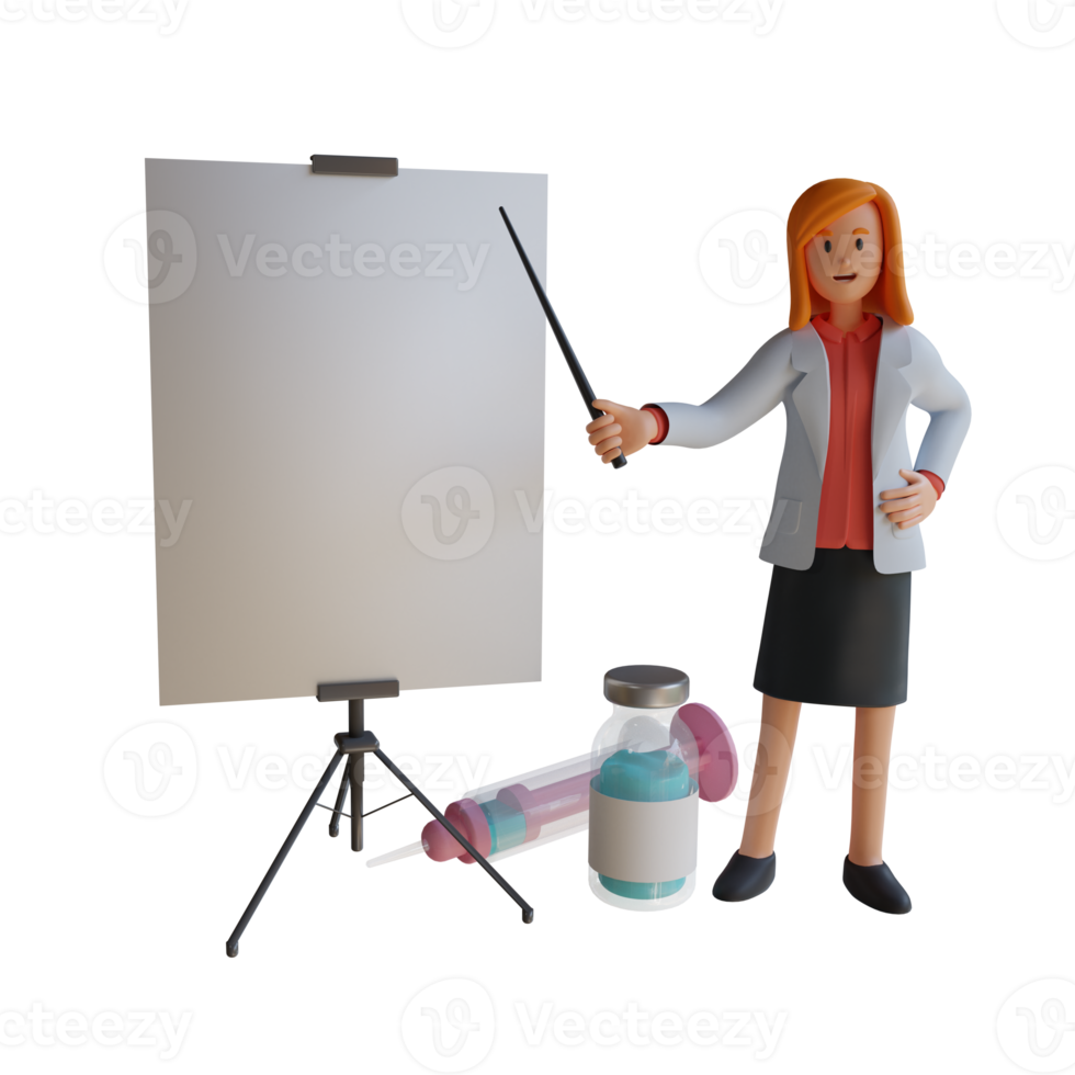 3d female doctor presenting with the board about vaccine character illustration png