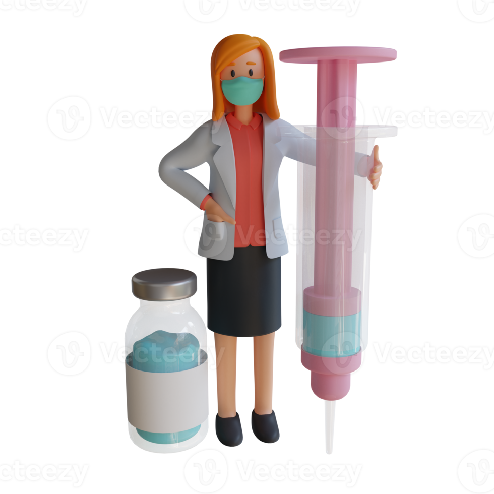 3d femmina medico indossare un' maschera Tenere un' vaccino iniezione personaggio design illustrazione png