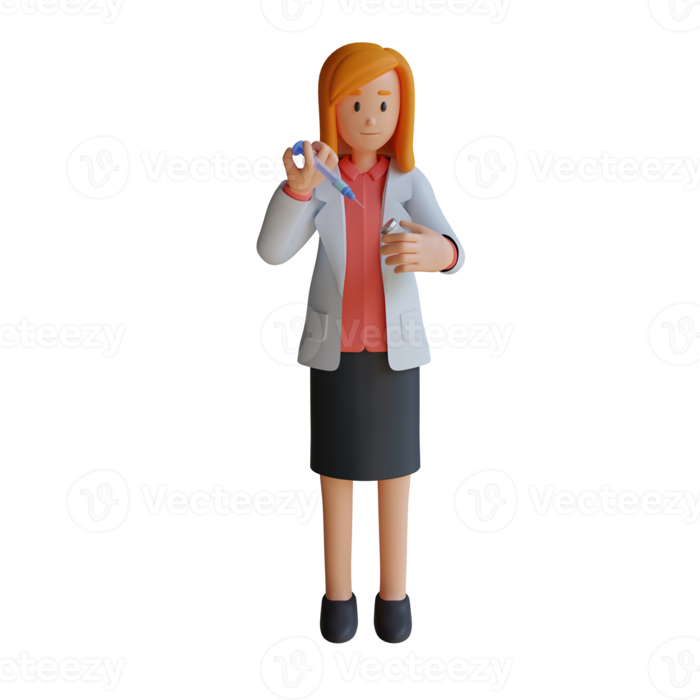 3d female doctor holding vaccine injection character illustration png