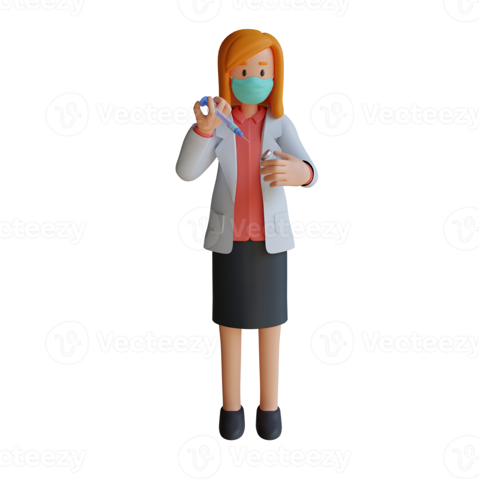 Doctora en 3d con una máscara que sostiene una ilustración de diseño de personajes de inyección de vacuna png