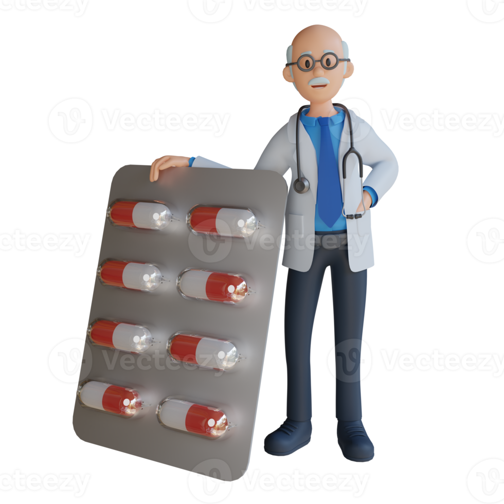 3d senior doctor was carrying drugs in tablet capsule character illustration png