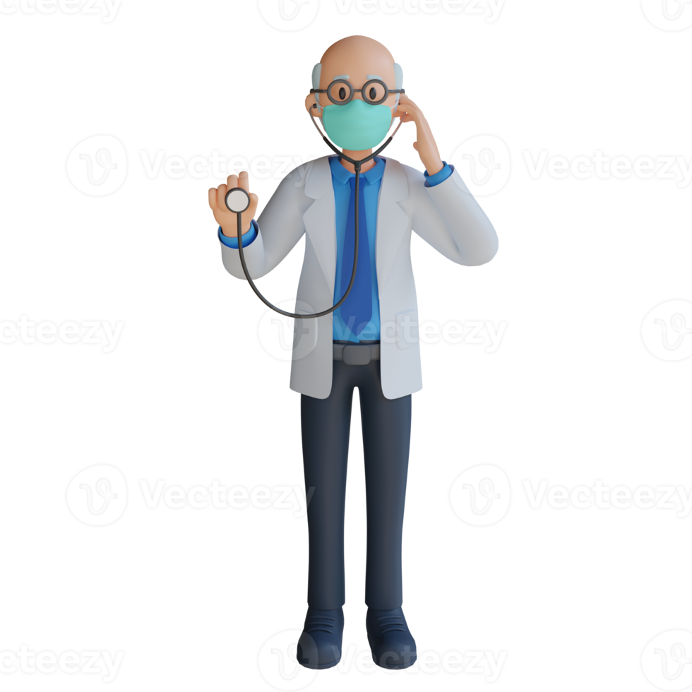 Médico senior masculino 3d con una máscara que sostiene una ilustración de diseño de personajes de estetoscopio png