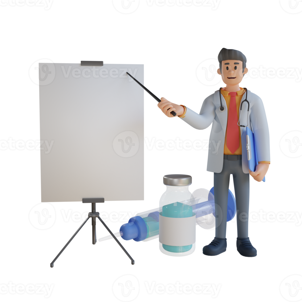 3d male doctor presenting with the board about vaccine character illustration png