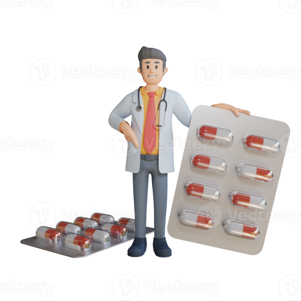 3D männlicher Arzt trug Medikamente in Tablettenkapsel-Charakterillustration png