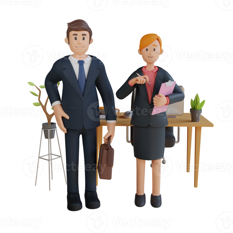 Businessman and woman standing at work character 3d character illustration png