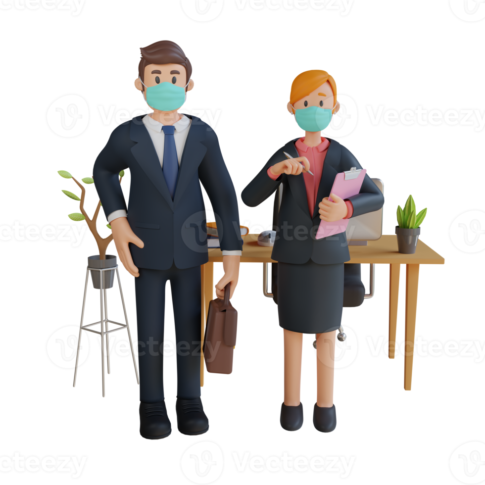Businessman and businesswoman wearing a mask ready for work character illustration 3d rendering png