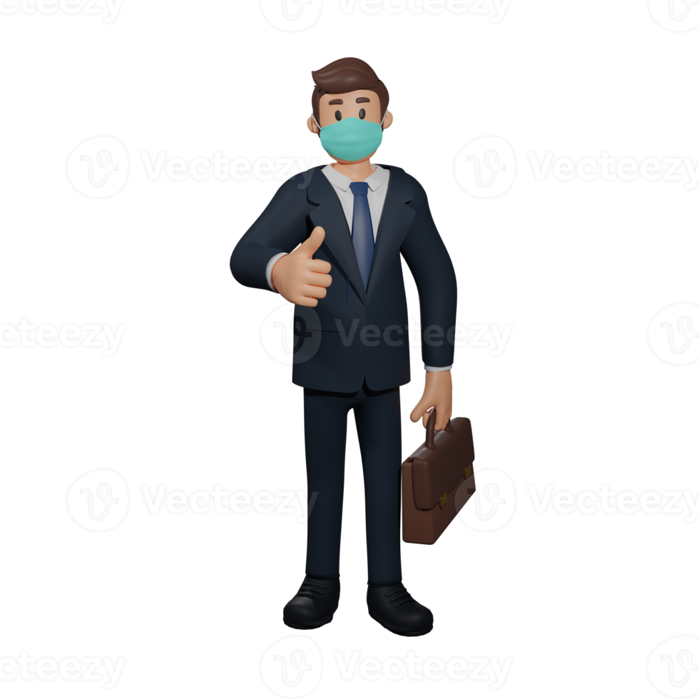 Businessman wearing mask and giving thumbs up pose character illustration 3d rendering png