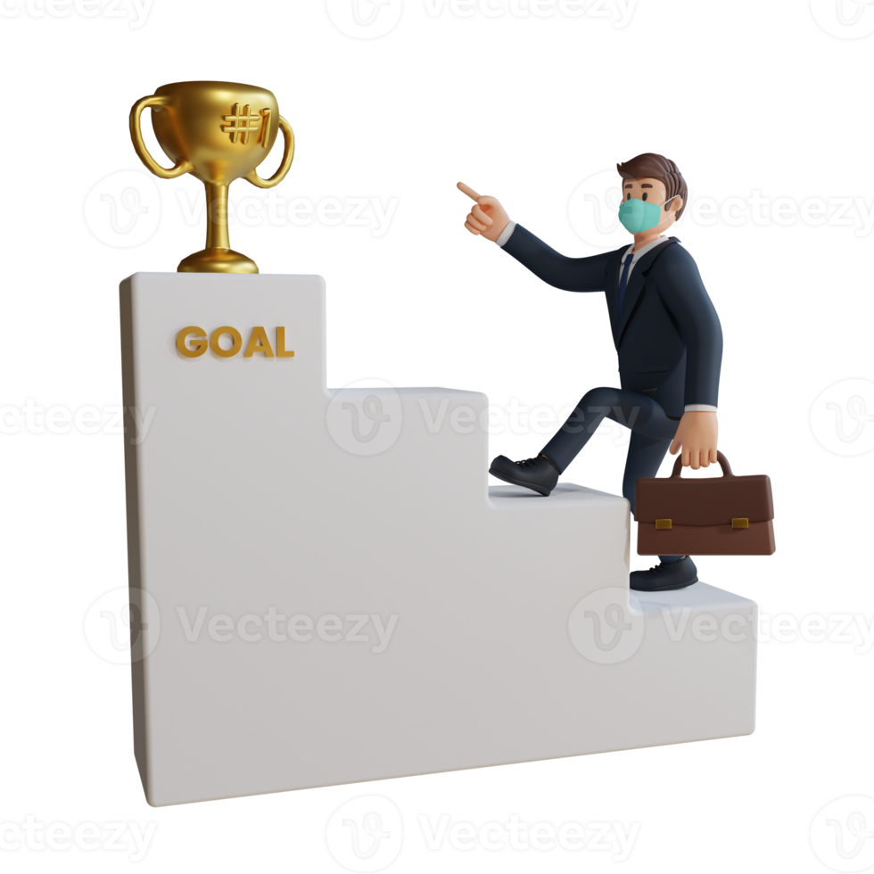 Business man wearing a mask is climbing the ladder of success character illustration 3d rendering png