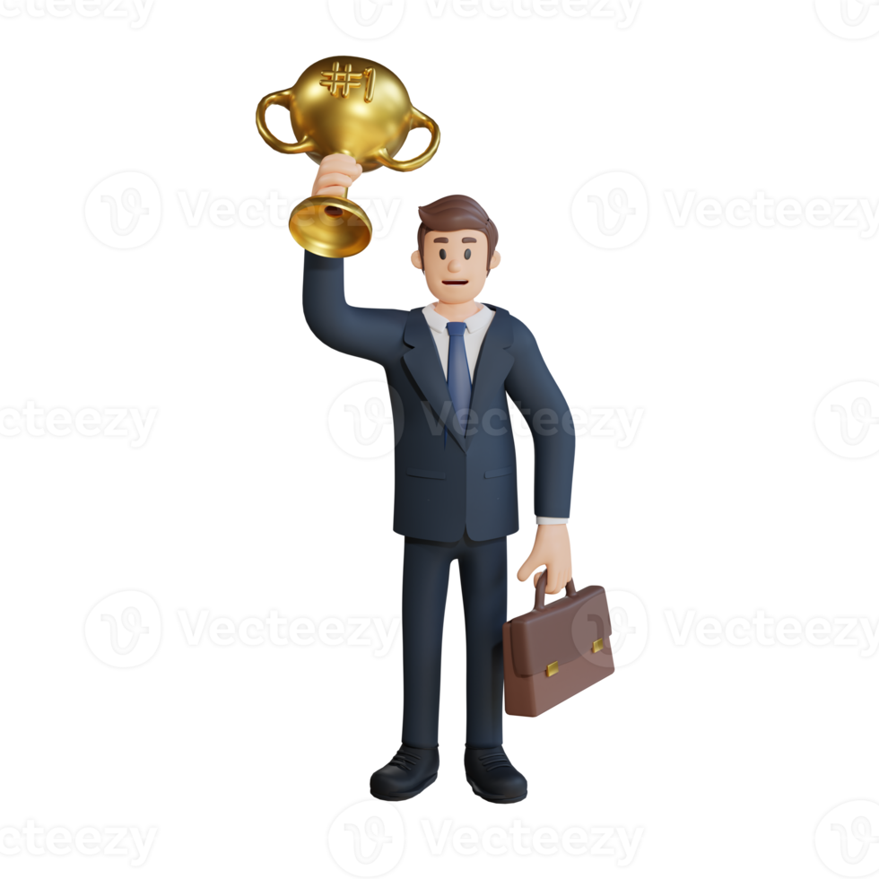 Businessman holding a trophy character 3d character illustration png