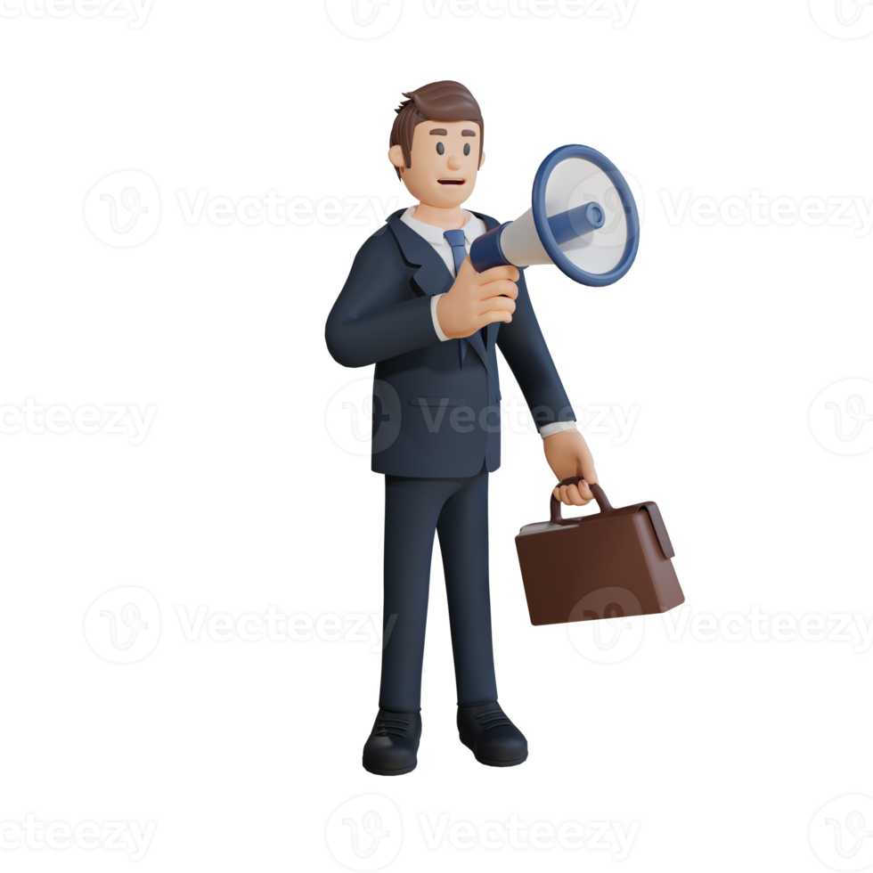 empresário segurando a ilustração de personagem 3d de personagem de megafone png