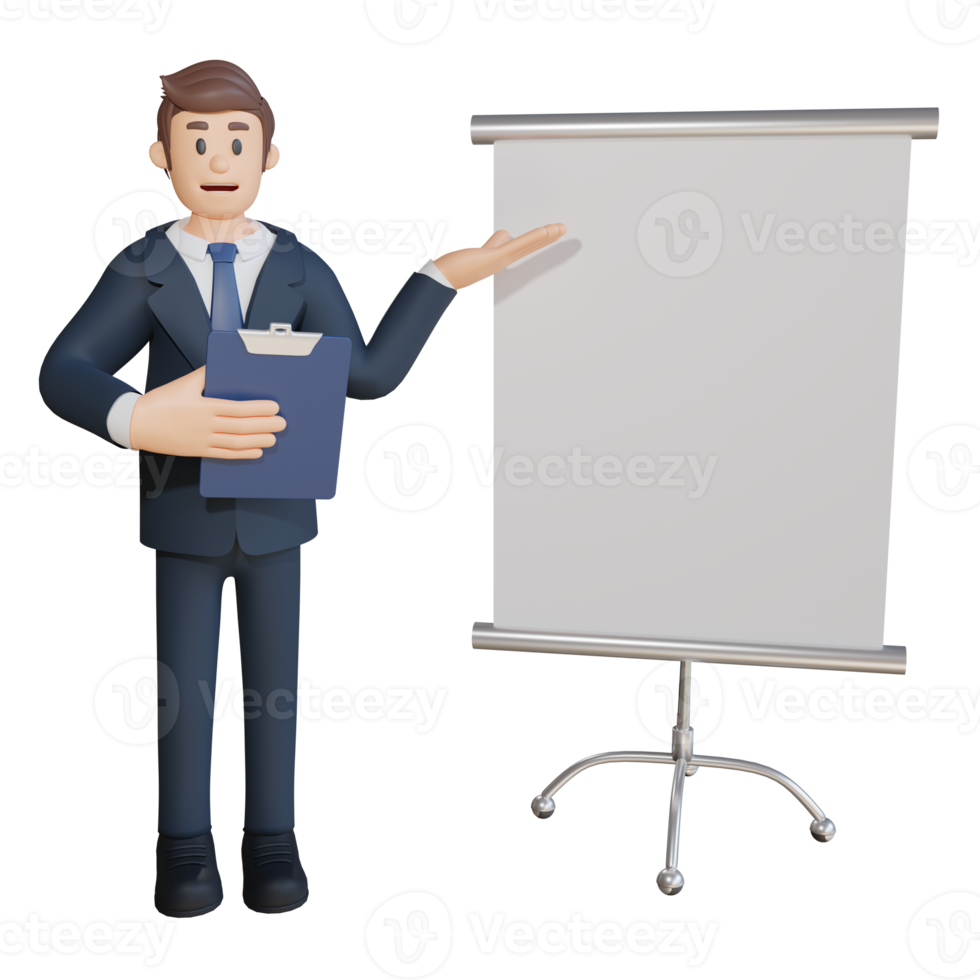 Businessman presenting on a blank white sheet character 3d character illustration png