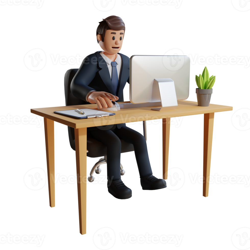 Businessman working in front of computer character 3d character illustration png