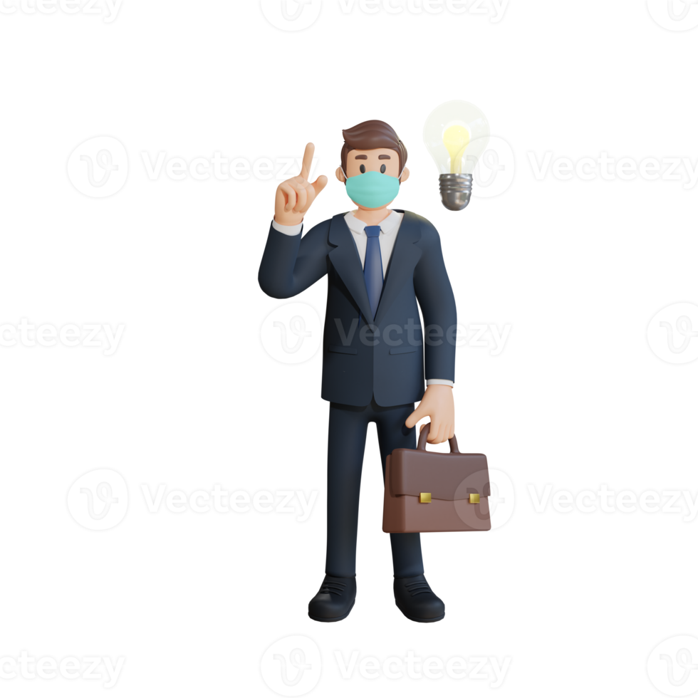 Business man wearing a mask having a good idea character illustration 3d rendering png