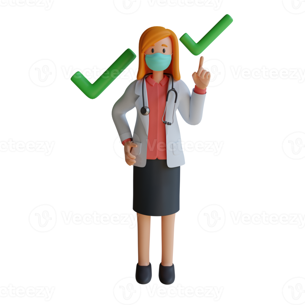 Female doctor wearing a mask with the right choice icon 3d character illustration png