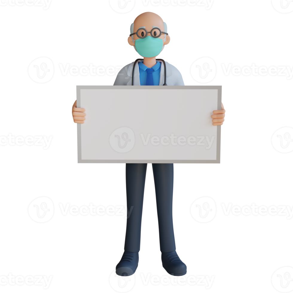 Male doctor wearing a mask presenting with the board 3d character illustration png